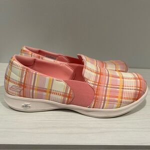 Skechers Women's Peach Plaid Slip-On Sneakers